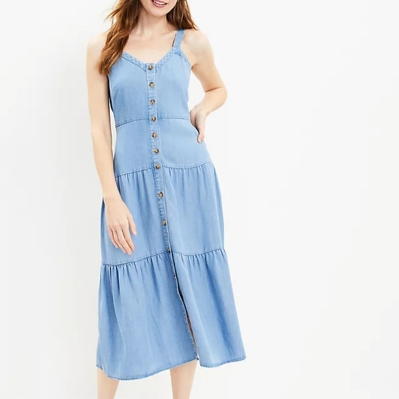 LOFT Dresses & Skirts - NEW! LOFT Strappy Chambray Button Tiered Midi Dress 0.